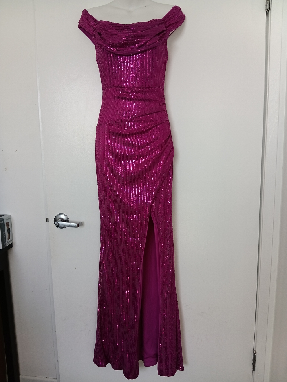 Off-Shoulder Fuchsia Sequin Maxi Dress with High Slit
